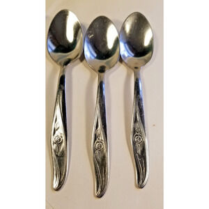 Vintage Utica Stainless Steel Flatware (3) Teaspoons Rose Pattern Silverware
